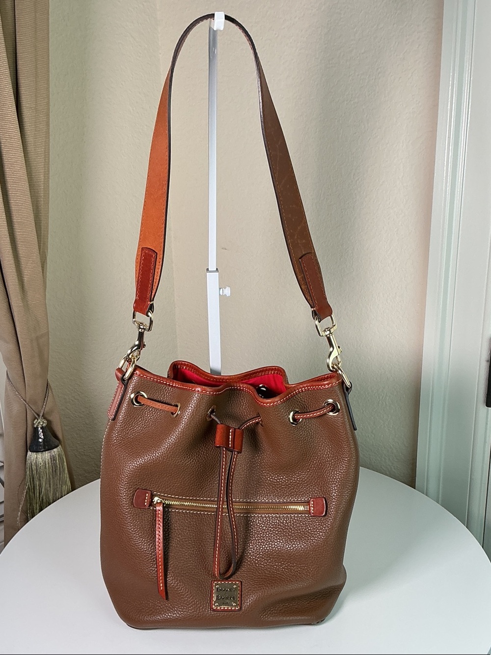 Dooney & Bourke Brown Pebble Grain Leather Drawstring Bucket Shoulder Bag - Picture 2 of 8